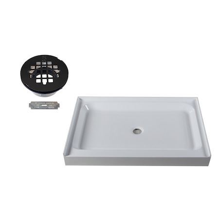 Westbrass Shower Pan 48 x 36 3-Wall W/ Center Plastic  Drain W/ Modern Cross Grid in Matte Black HPG4836WHP-62